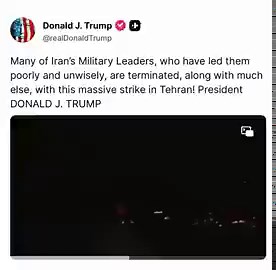🇺🇸🇮🇷‼️ URGENTE — El presidente Donald Trump anuncia que acaban de realizar un ataque masivo en Teherán donde eliminaron a varios de los líderes militares del régimen de Irán.“Muchos de los líderes militares de Irán, que los han dirigido de forma deficiente e imprudente, son eliminados, junto con muchos otros, con este ataque masivo en Teherán. Presidente DONALD J. TRUMP”