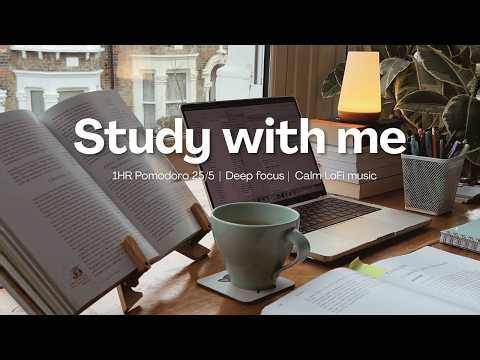 1-HOUR Study with me | ⏰ Pomodoro 25/5 | Calm LoFi music, rain and gentle ambient sound