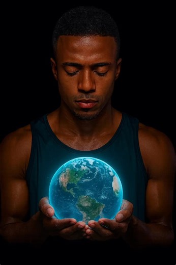 🚨Prompt🚨 Create a highly detailed, realistic digital artwork. The main character will be the person in the [attached photo]. Place the character centered, facing forward, eyes gently looking down with a calm, contemplative expression. The scene is set in a pitch black background, fully dark, with no other elements visible. The character is holding a glowing, luminous Earth globe with both hands, positioned just below their face. The Earth appears as a small, bright blue planet, radiating soft 
