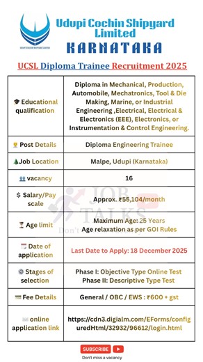 Udupi Cochin Shipyard engineering diploma trainee recruitment 2025 #jobtalks4u #shorts