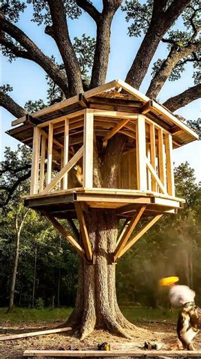 DIY treehouse project in a massive oak tree, suspension bridge, wooden #shorts #treehouse