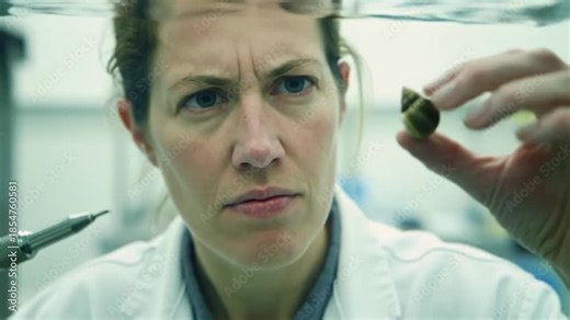Scientist examining snail underwater in lab, research study on marine life and potential findings