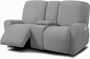 ULTICOR Jacquard Design Reclining Loveseat with Middle Console Slipcover, 8-Piece Stretch Sofa Covers, 2 seat Loveseat Recliner Cover, Washable (Style 3) (Light Grey)