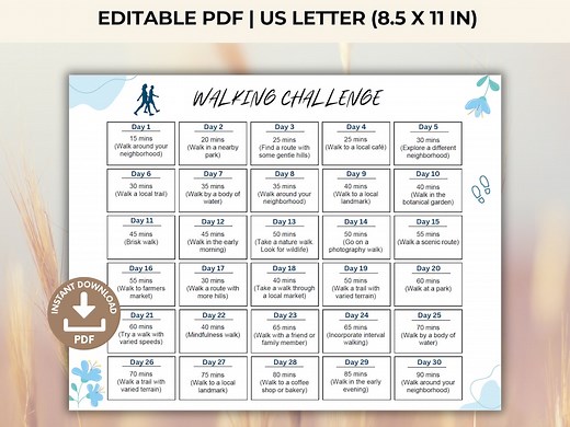 30-day Walking Challenge Editable PDF, Printable Walking Planner Outdoor Daily Walking Plan, Steps Tracker 30 Day Step Challenge Walking Log - Etsy