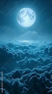 Flying Over the Infinite Clouds with the Night Moon Shining Seamless. Looped 3d Animation with Moonlight Over the Horizon. 4k Ultra Beautiful Moon in the Skies. Beauty