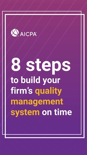 Eight steps. One deadline. Build your firm’s Quality Management system with a clear path from risk assessment to continuous improvement before Dec. 15. Link in bio. | AICPA