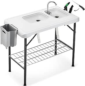 Folding Fish Cleaning Table Portable Camping Double Sinks Table w/2 Dual Water Basins, Faucet Drainage Hose & Sprayer Outdoor Fish Fillet Cleaning Station w/Knife, Storage Box,Black