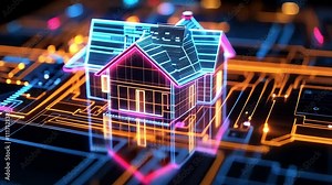 Digital house model surrounded by circuit patterns showcasing smart home technology