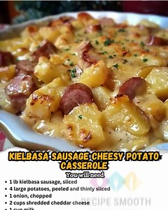 Kielbasa Sausage Cheesy Potato Casserole 🧀🥔😋 Ingredients: • 1 lb kielbasa sausage, sliced • 4 large potatoes, peeled and thinly sliced • 1 onion, chopped • 2 cups shredded cheddar cheese • 1 cup milk • 2 tablespoons all-purpose flour • 2 tablespoons unsalted butter • 1 teaspoon paprika • Salt and pepper to taste • Fresh parsley for garnish Directions: Preheat the oven to 375°F (190°C). Lightly grease a 9×13 inch baking dish. 1. Layer half of the sliced potatoes in the bottom of the dish, foll