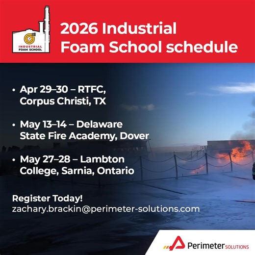 Flammable and combustible liquid fuel Class B fires require firefighting foam designed for rapid extinguishment and the formation of a durable foam blanket to help prevent re-ignition. As foam use continues to expand across industrial and municipal response, training plays a critical role in ensuring firefighters have the practical, hands-on knowledge needed to apply it effectively. Register now to attend one of our upcoming Industrial Foam School sessions. • Apr 29–30 – RTFC, Corpus Christi, TX