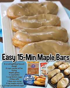 Easy 15-Minute Maple Bars! https://butterwithasideofbread.com/easy-15-minute-maple-bars/ Donut bar: 8 ct refrigerated biscuit dough I used Pillsbury Grand Homestyle Buttermilk biscuits 2 cups canola oil for frying Maple glaze: ¼ cup butter ½ cup brown sugar 3 tbsp milk 1 tbsp corn syrup 2 tsp maple extract 2 cups powdered sugar | Butter with a Side of Bread