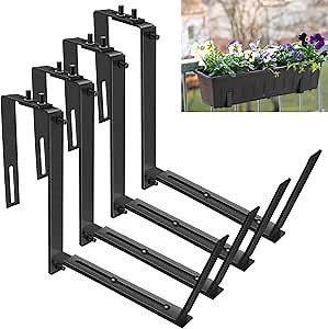 4PCS Adjustable Planter Box Brackets Window Flower Boxes with Brackets for Deck Railing Heavy Duty Iron Hanging Box Brackets for Balcony, Fences, Patio and Garden