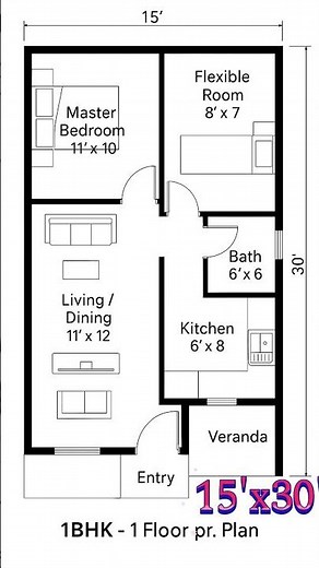 15×30 House Plan | Small Plot #smallhouse | 2BHK Plan with Vastu | 450 sqft #homeplan #budgethouse