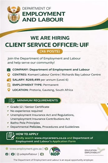 Client Service Officer UIF wanted Apply through mycareers.co.za #job #jobsearch Tag a friend who need this!!