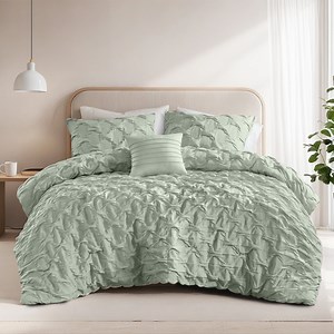 Regency Heights Full/Queen Comforter Set Green, 4 Pieces Pucker Woven Comforters Full/Queen Size, Solid Bedding Comforters Sets