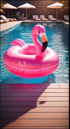 Pink inflatable flamingo floating in a serene pool, ideal for promoting resort getaways, summer vacation, family travels, tropical holidays. Vibrant pink flamingo float in a luxurious pool setting