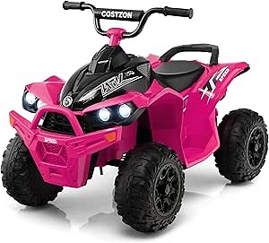 Costzon Kids ATV, 12V Battery Powered Ride on Car Quad W/Adjustable Speed, Treaded Tires, Headlights, Horn, Music, Forward & Backward, Electric ATV for Girls (Pink)