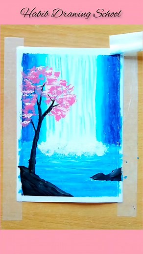 Waterfall scenery drawing with oil pastel #foryoupage #drawing #scenerydrawing #oilpastel #art @BdTiktokofficial