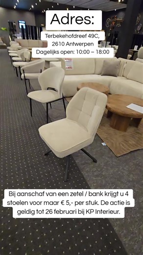 #foryoupage #fyp #foryou #viralvideos #foryoupage❤️❤️ Bij aanschaf van een zetel / bank krijgt u 4 stoelen voor maar € 5,- per stuk. De actie is geldig tot 26 februari bij KP Interieur. Terbekehofdreef 49C, 2610 Antwerpen Dagelijks open: 10:00 – 18:00