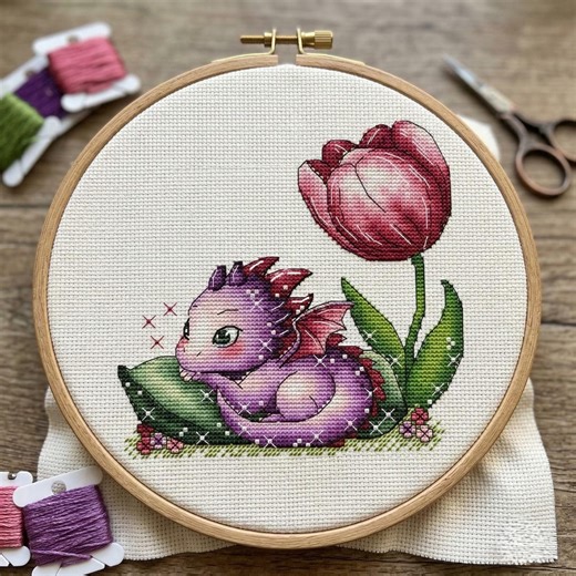 Dragon With Tulip Cross Stitch Pattern, Fantasy Dragon (digital Download PDF) - Etsy Canada