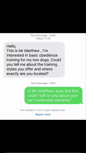 There’s a frequent scam in the dog training community that’s been around for several years. I know because “Mr. Matthew” has attempted to scam me many times over the past 3 years. I decided that if someone was going to mess with me, I’d mess right back. The scam is that they reach out inquiring the same exact things: they want to know where you’re located and if you can handle training for two large dogs (typically two shepherds or Dobermans or whatever). Then when you continue the conversation,
