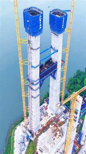 Watch how this 80 story bridge tower is built beside the river