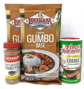 MYGORP - Louisiana Cajun Gumbo Base - Zatarains Gumbo File - Tony Chachere Seasoning - Bundled Creole Seasoning, File Powder, and Roux Mix For Gumbo, 4 Piece Set, 4, 19.25 Ounce