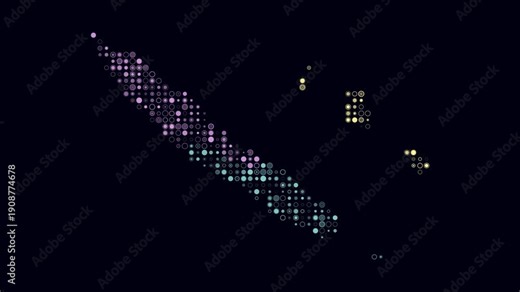 New Caledonia animated country shape. Pulsating colored dots on the map of the country. Small size circle blocks. Digital style New Caledonia map on dark background. Amazing animation video.