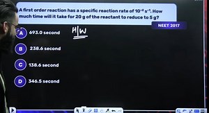 A first order reaction has a specific reaction rate of 10 ^ { -... | Filo
