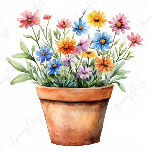 19 Watercolor Flower Pot Clipart JPG, Potted Garden Flowers Illustration, Floral Botanical Art, Spring Printable Decor, Commercial Use - Etsy