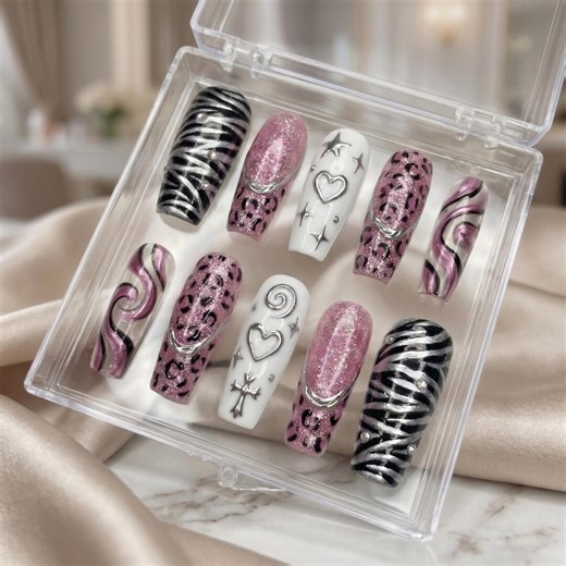 Pink Glitter Zebra Leopard Chrome Heart Star Nails, Y2K Acrylic Rhinestone Reusable Set - Etsy