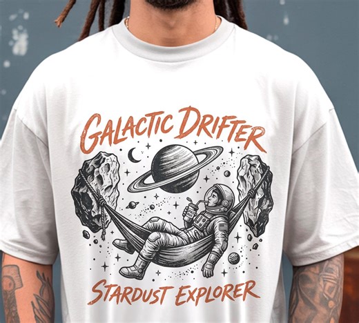 Galactic Drifter Space T-Shirt, Astronaut Hammock Graphic Tee, Retro Stardust Explorer, Outer Space Chill Vibe, Unisex Space Lover Gift