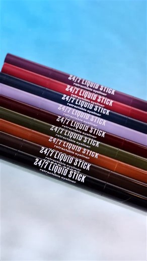 meet the liner that moves like a liquid and performs like a pencil. the new 24/7 Liquid Stick Retractable Liner combines the intensity of a liquid with the control of a pencil, delivering up to 24 hours of wear in a single swipe. full shade lineup below ↓ Melted Onyx - deep matte black Brown Noise - deep matte brown Rough Waves - deep matte teal Wine Spill - deep matte burgundy Fluid Fig - deep matte plum Solar Flick - duochrome copper Dirty Martini - shimmery olive Denim Wash - shimmery periwin