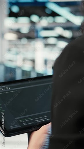Vertical video Using coding application, tablet and programmer in data center optimizing equipment rigs. Adjusting system parameters, programming script close up and IT professional in server hub