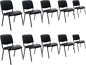Stackable Office Guest Chairs, Reception Waiting Room Chairs with Padded Seat & Back, Armless No Wheels Conference Chairs for Office Meeting Lobby, Set of 10, Black PU Leather