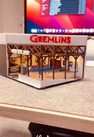 Gremlins Invasion - Station Diorama Warner Bros. Gremlin Invasion was a dark ride located at Warner Bros. Movie World Germany. The model is built true to the original on a scale of 1:100 and shows the station section where the guests boarded the studio car. I have illuminated the monitors behind the Alf and Gizmo figure, the ceiling lamp and the signage above the gates. The diorama plays the original SFX from the station (Alf talking to the guests) and the pre-show sound with Sandra Bullkock at 