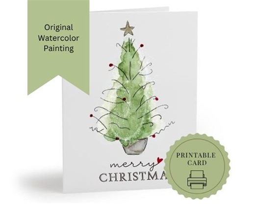 Merry Christmas Greeting Card | Printable Card | Minimalist Holiday | Watercolor Art | Holiday Printable | PDF Downloadable Card - Etsy