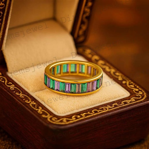 Emerald Amethyst Eternity Band 14K Solid Gold Eternity Band Emerald Channel Set Ring Baguette Cut Gemstone Ring Matching Wedding Band - Etsy