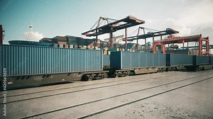 Container train in the port. Cargo train moving in the container terminal. 3d visualization