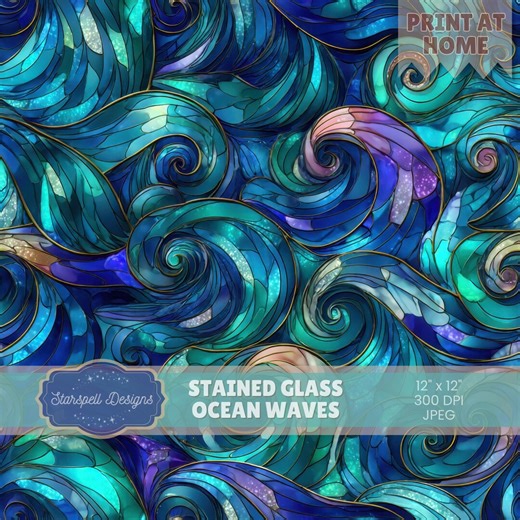 Stained Glass Ocean Waves Seamless Pattern | Coastal Mosaic Digital Paper for Fabric, POD, Beach Designs, Nautical Craft, Background - Etsy