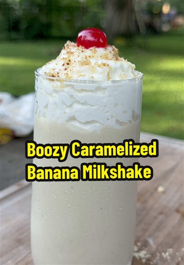 Sunday Shakes: Episode 11! Hop aboard my banana boat for a wild booze cruise! #BananaMilkshake #Milkshakes 🍌🥃🍦 . Boozy Caramelized Banana Milkshake . 1 Banana 1 Tbsp Butter 2 Tbsp Brown Sugar 2 Oz Rum 3/4 Cup Vanilla Ice Cream Whipped Cream & Cherries For Topping . Melt butter in a skillet over medium, slice bananas length wise, and add to skillet. Top with brown sugar and cook for 3 minutes, flip, then baste in the sauce for 2 more minutes. Let them cool, add rum, & blend / muddle. Add ice c