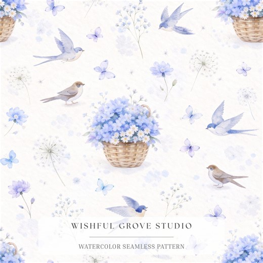 Cottagecore Bird Floral Seamless Pattern, Watercolour Basket Swallow Digital Paper, Blue Fabric Design - Etsy