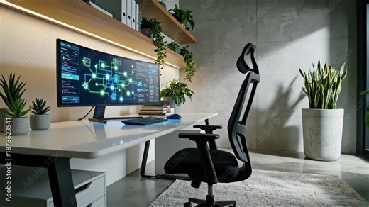 Modern office desk setup with a curved computer monitor and ergonomic chair