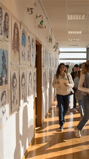 Create an image of a school exhibition in Portugal, featuring self-portraits made by 16-17-year-o...
