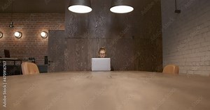 Woman using laptop sitting to wooden table with chairs, device on a table, young student using technology. Concept of coworking office space