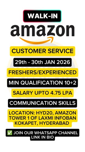 Walk-ins Everyday | Alli Charan on Instagram: "WALK-INS EVERYDAY !!! 🔗 LINK available in WhatsApp Channel 🔗 Channel join link in BIO 📢 FOLLOW us @walkins_everyday for daily job opportunities AMAZON is hiring for Customer Support Executive | Hyderabad Role: Customer Service Associate Work from Office, Full time Employment Minimum qualification: 10+2 pass (Any Graduate/PG can apply) Candidates should not be pursuing any regular course Excellent English communication skills Mandatory Freshers (w