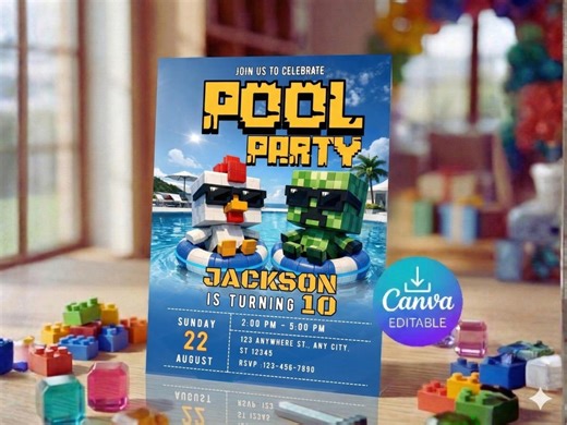 Pixel Block Pool Party Invitation, Boys Birthday Invite, Summer Canva Template (digital Download) - Etsy