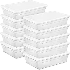 Sterilite 10 Pack Storage Box, 28 Quart Stackable Tote, Clear Plastic Container with Secure Snapping Lids for Home and Office Organization, White