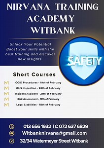 4 comments | Witbank Training  Short Courses for this week 18th of February- Legal Liability (R1200) 19th of February - COID (R1200) 20th of February - OHS Inspection (R1200) 21st of February - Incident Accident (R1200)  Location: 32/34 Watermeyer Street Witbank  Contact: 013 656 1932 | 072 637 6829 Unlock new opportunities—sign up today! | Nirvana Training Academy | Facebook