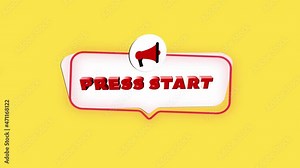 3d realistic style megaphone icon with text Press start isolated on yellow background. Megaphone with speech bubble and press start text on flat design. 4K video motion graphic